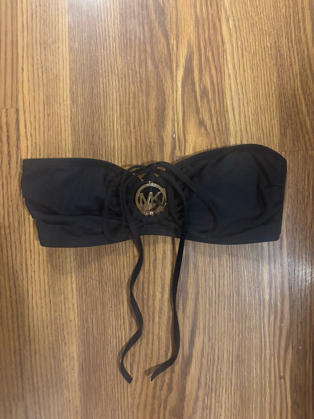 Michael Kors Black Bandeau Halter Gold Logo Bikini Top